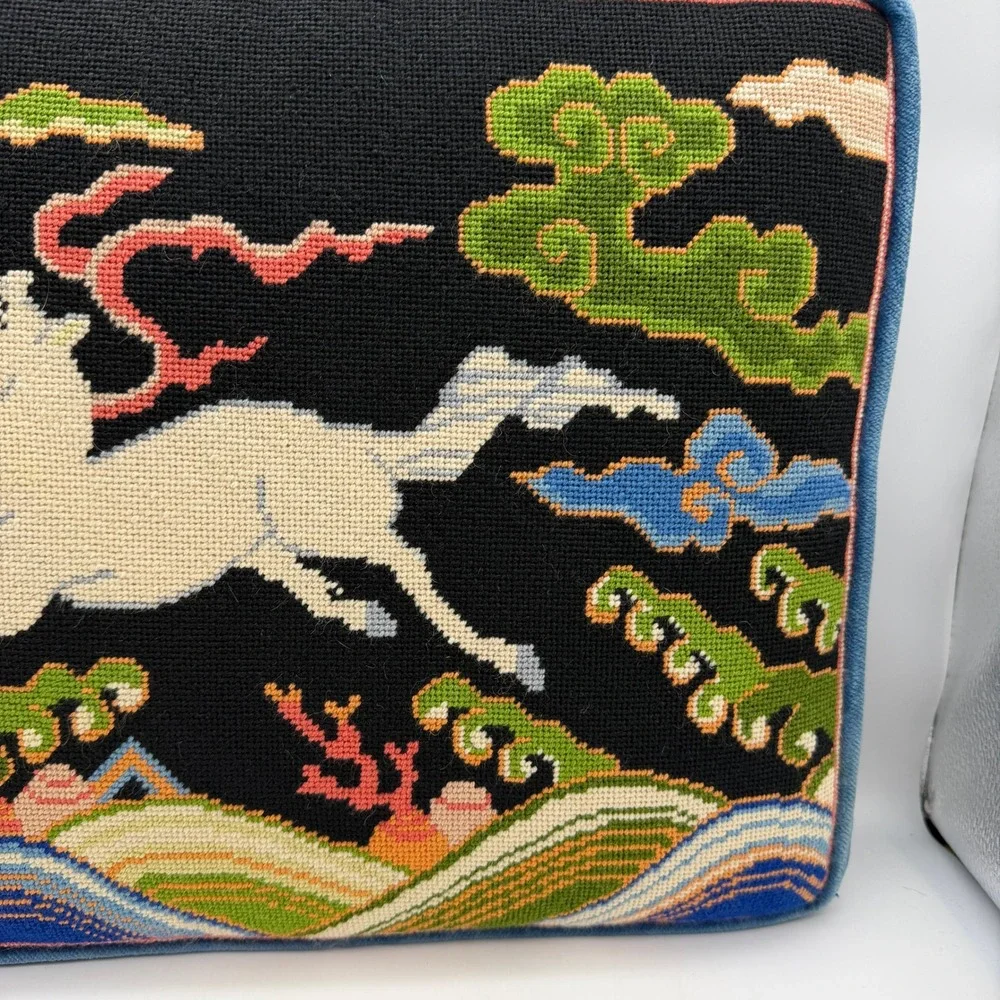 VTG Needlepoint Throw Pillow Mythical White Stag horse Velvet Back Blue Black